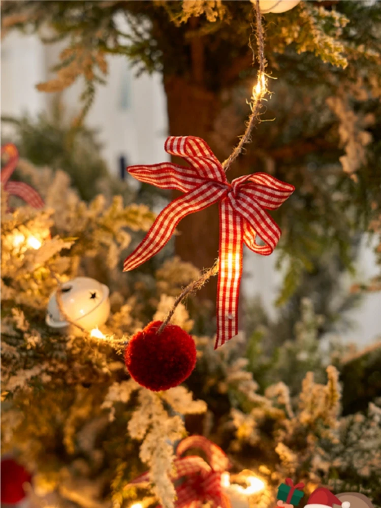 Christmas String Lights Red Pom Pom Bells Bow Warm White Battery Operated LED Fairy Lights Indoor Holiday Home Xmas Tree Decor