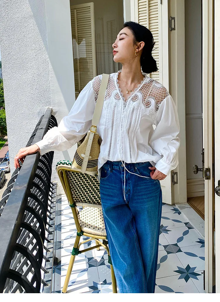 شبكة الدانتيل شيك الجوف خارج بلوزة قميص المرأة الخريف ملابس علوية بأكمام طويلة للربيع 100% القطن الأبيض فضفاض عطلة عادية مثير السيدات بلايز