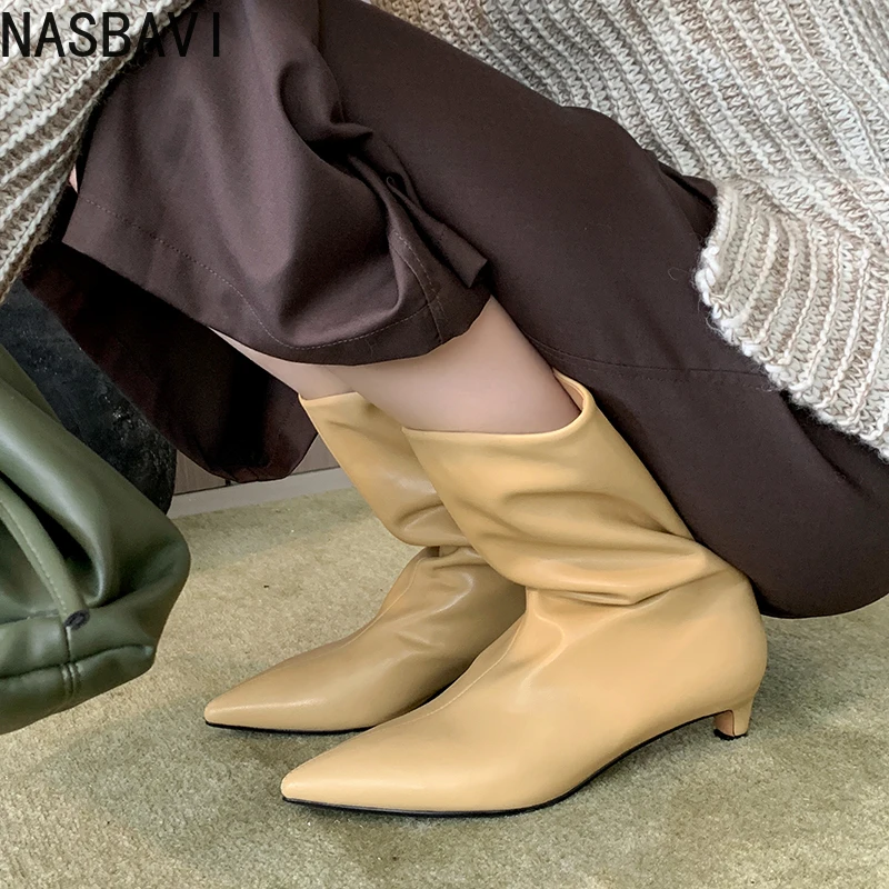 

NASBAVI 2026 Fashion Women Mid Calf Boots Real Leather Autumn Shoes Winter Mid Heels Pointed Toe Dress Lady Ankle Boots 34-43