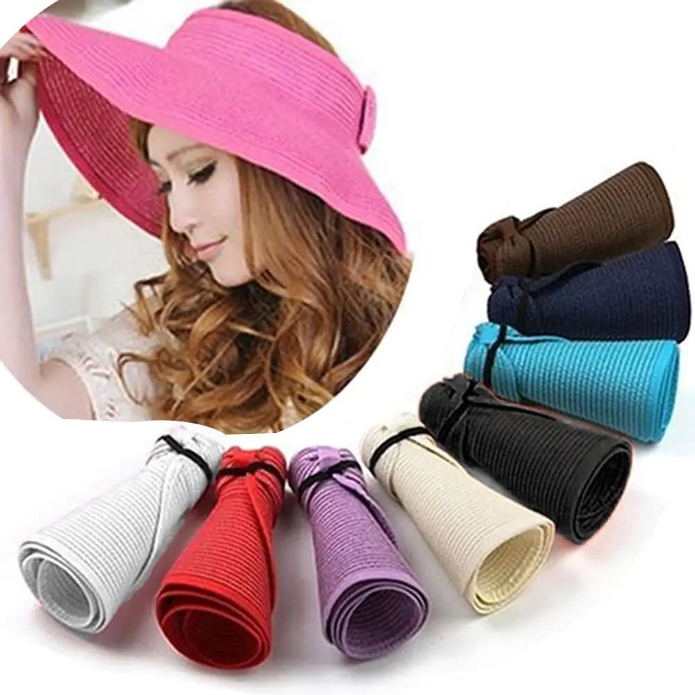 

2023 Foldable Straw Hat Women Roll Up Sun Visor Wide Brim Sunshade Hat Summer Packable UV Protection Cap for Beach Travel Bonnet