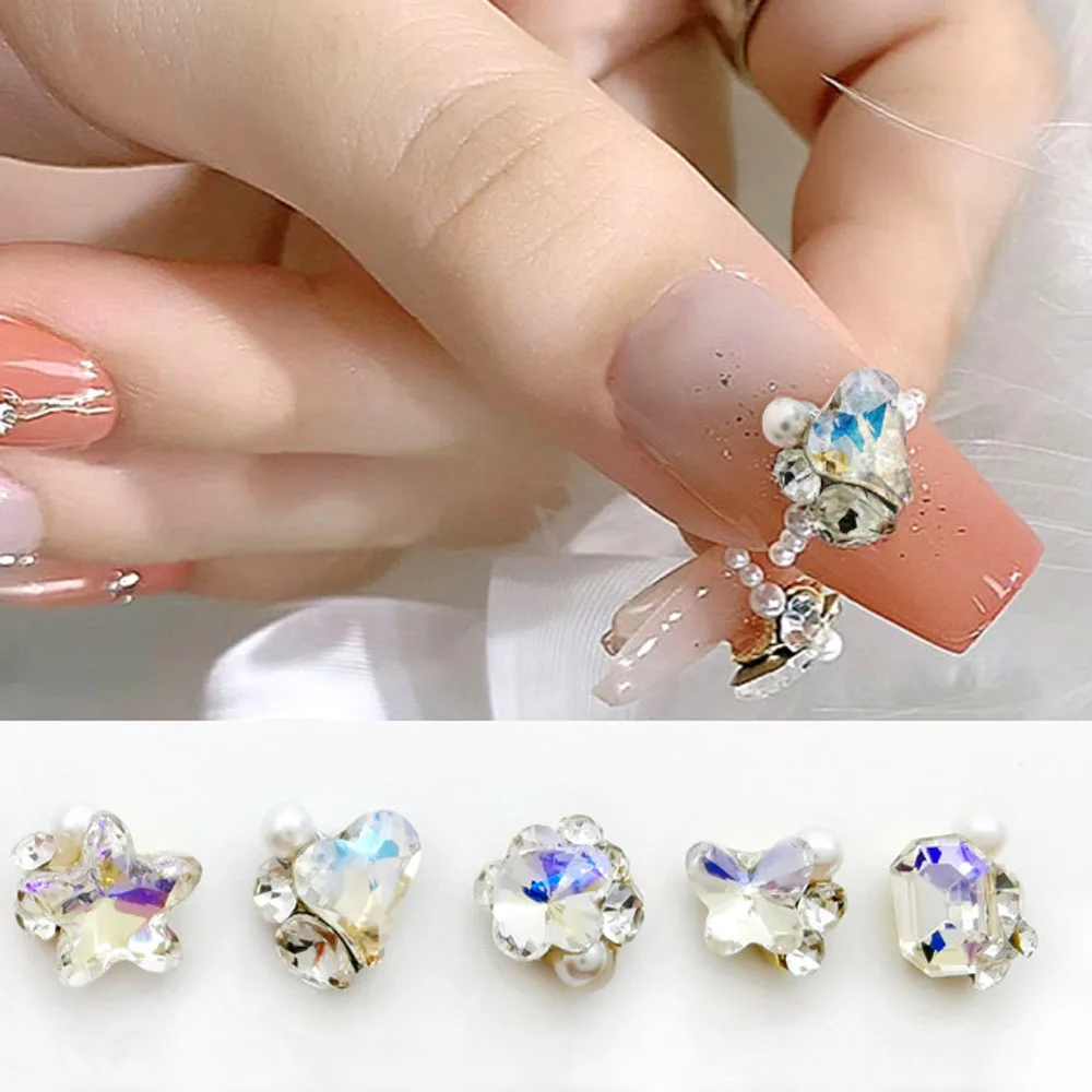 10Pcs/lot Mini Nail Art Crystal Rhinestones Aurora Stacked Decorations DIY Heart Pentagram Flower Diamond Pearl Gems Nail Charms