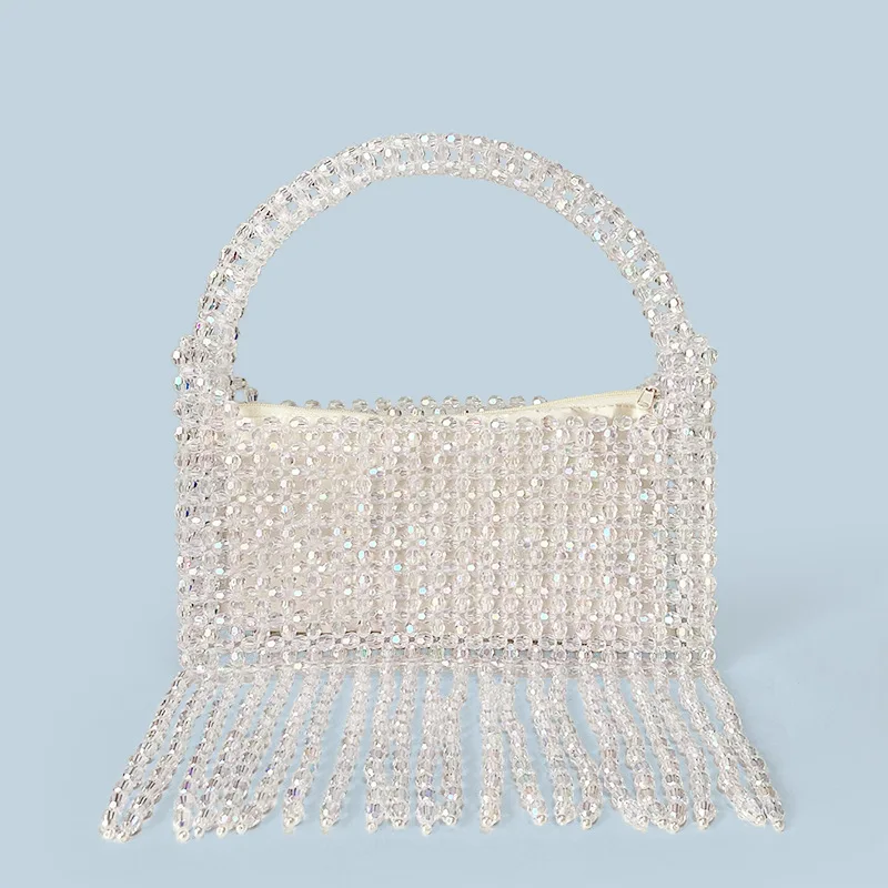 

Fashion Transparent Acrylic Beaded Handbag Hand Woven Hollow Out Design Women's Tassel Evening Bag Shiny Clear Luxury Clutches