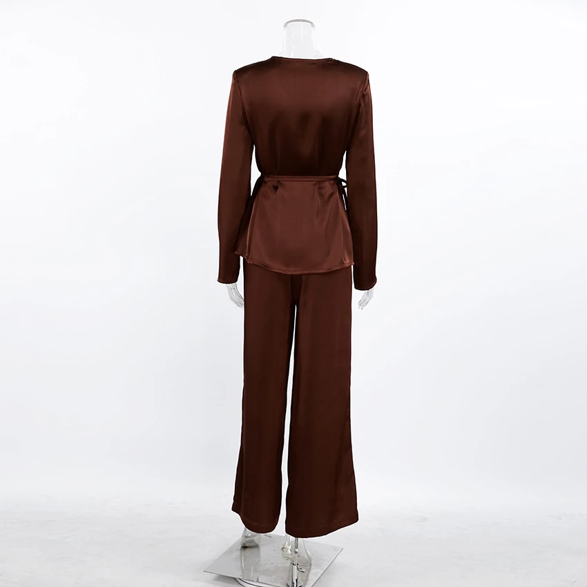 Luxury Brown Satin 2 Piece Set Women Elegant Long Sleeve Wrap Top +Wide Leg Pants Suits Minimalist Streetwear Matching Sets 2026