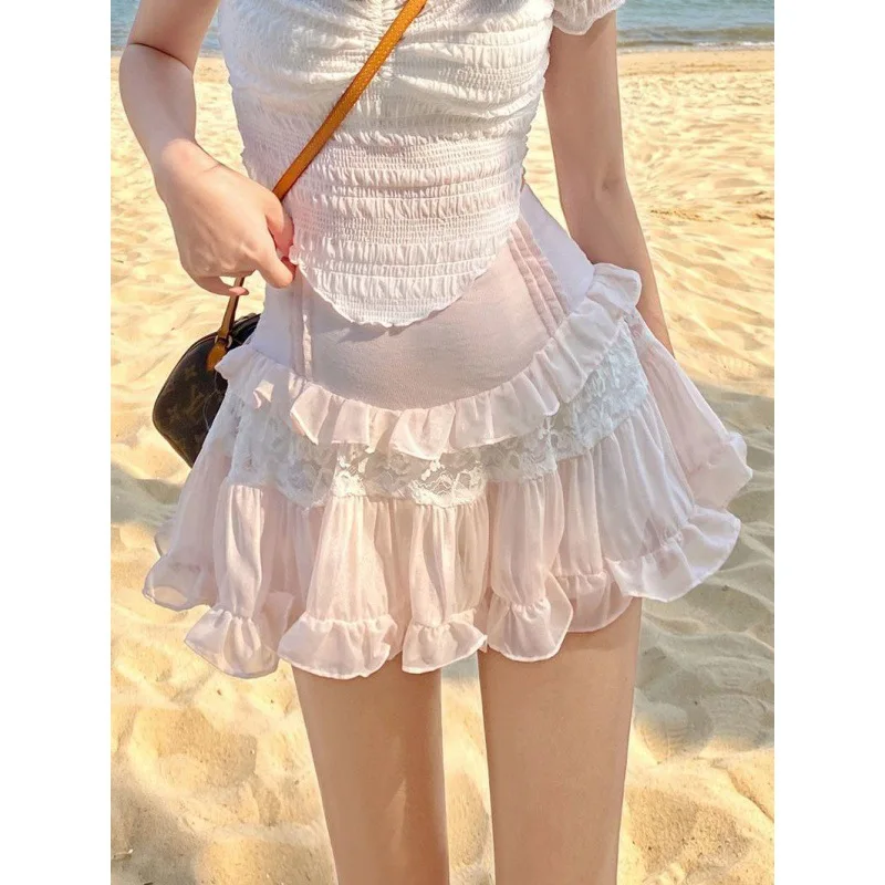 2023 Kawaii Cute Ruffle Skirt Women Pink Lolita High Waist Lace Patchwork Fairycore Mesh A-line Mini Skirt Summer Mori Girl