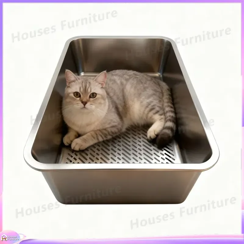 Stainless Steel Cat Litter Box with Shifter Sieve Self Cleaning Cat Toilet for Large Cats 60x40x20cm 15cm High Litter Pan for