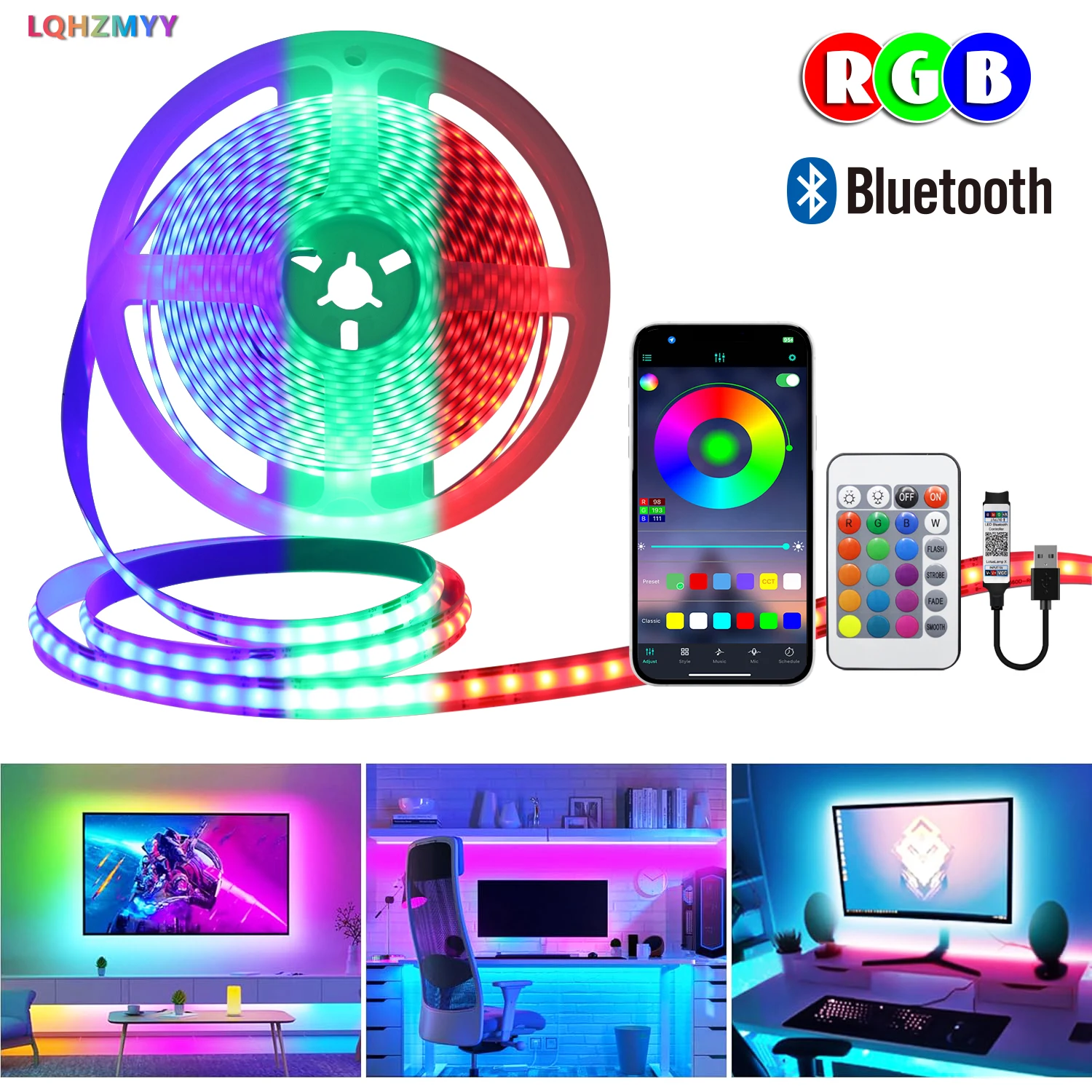 1 Roll of Color-Changing Rgb Spot-Free Cob Flexible Led Light Strip, Low Voltage 5V USB Powered, with 24-Key Multifunctional Remote Control, with Bluetooth Sound Pickup Function, App-Controlled Led Light Strip, for Tv, Computer, Gaming, Car Decoration, Stage, Music, Surprise Parties, Home, Bedroom, and Holiday Decorations
