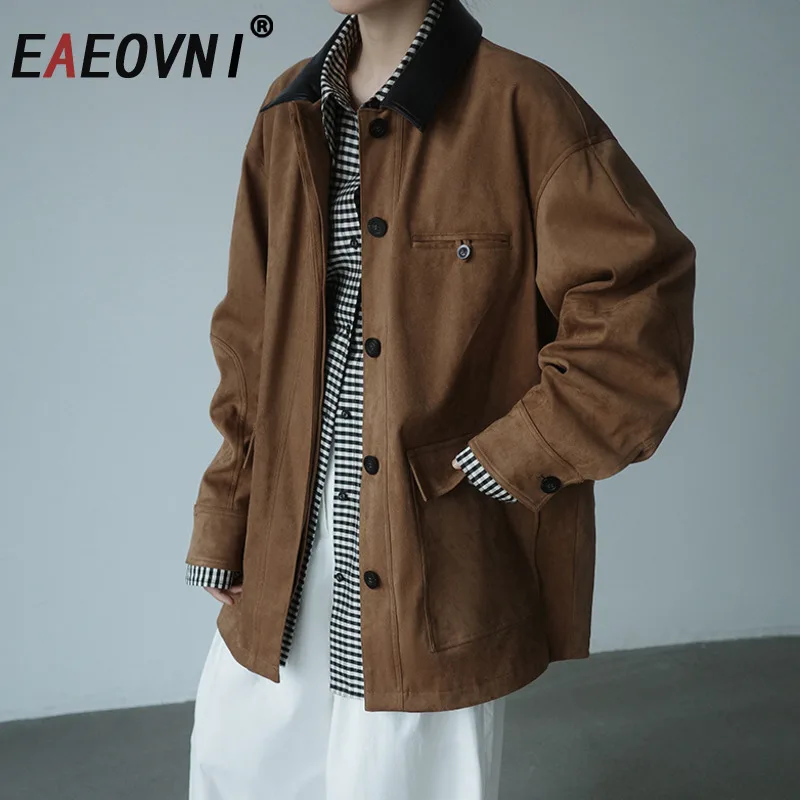 

EAEOVNI Maillard Vintage Jacket For Women 2025 Autumn Winter New Lapel Pockets Button Suede Jacket Fashion Outerwear Clothing