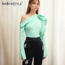 TWOTWINSTYLE Solid Patchwork Appliques Asymmetrical Shirts For Women Diagonal Collar Long Sleeve Pullover Blouse Female Fashion