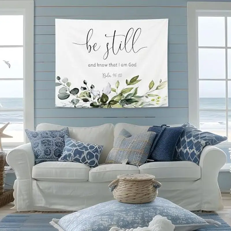 VIKAMA Be Still And Know That I Am God Wall Tapestry White Eucalyptus Leaf Watercolor Psalm 46 10 Christian Religious Bible Soft