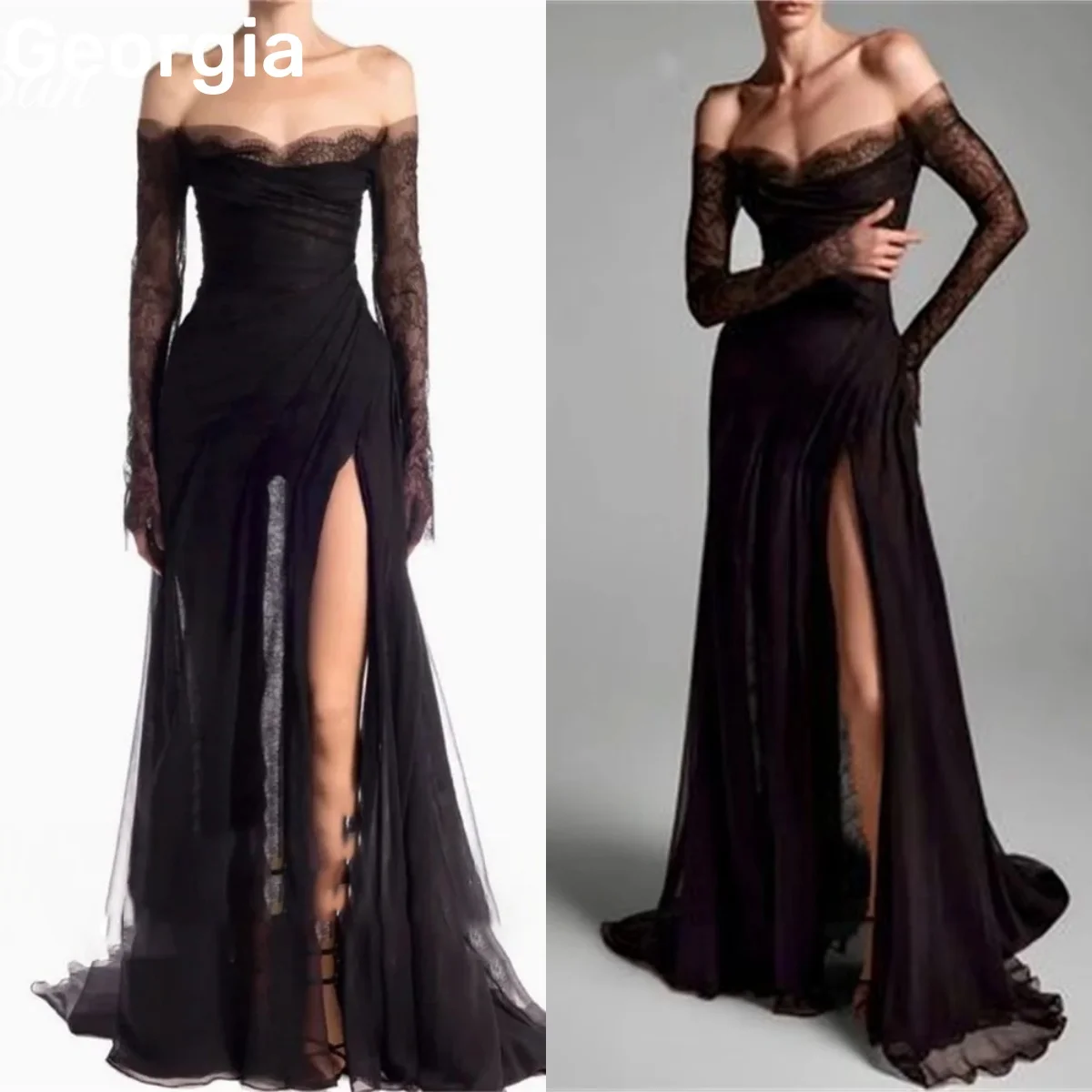 

فساتين سهرة Элегантное вечернее платье трапециевидной формы с открытыми плечами длиной до пола, платья для выпускного вечера с кружевной молнией и длинными рукавами, формальные