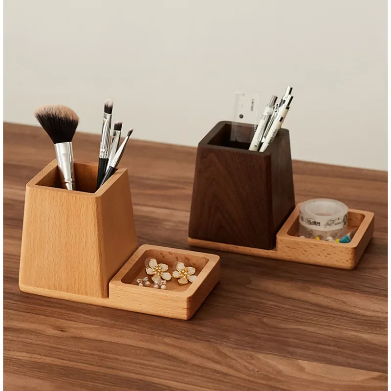 

Walnut Pen Holder Desktop Organizer for Office & Study Multi-Compartment Makeup Brush Holder Premium Wooden Stationery Storage