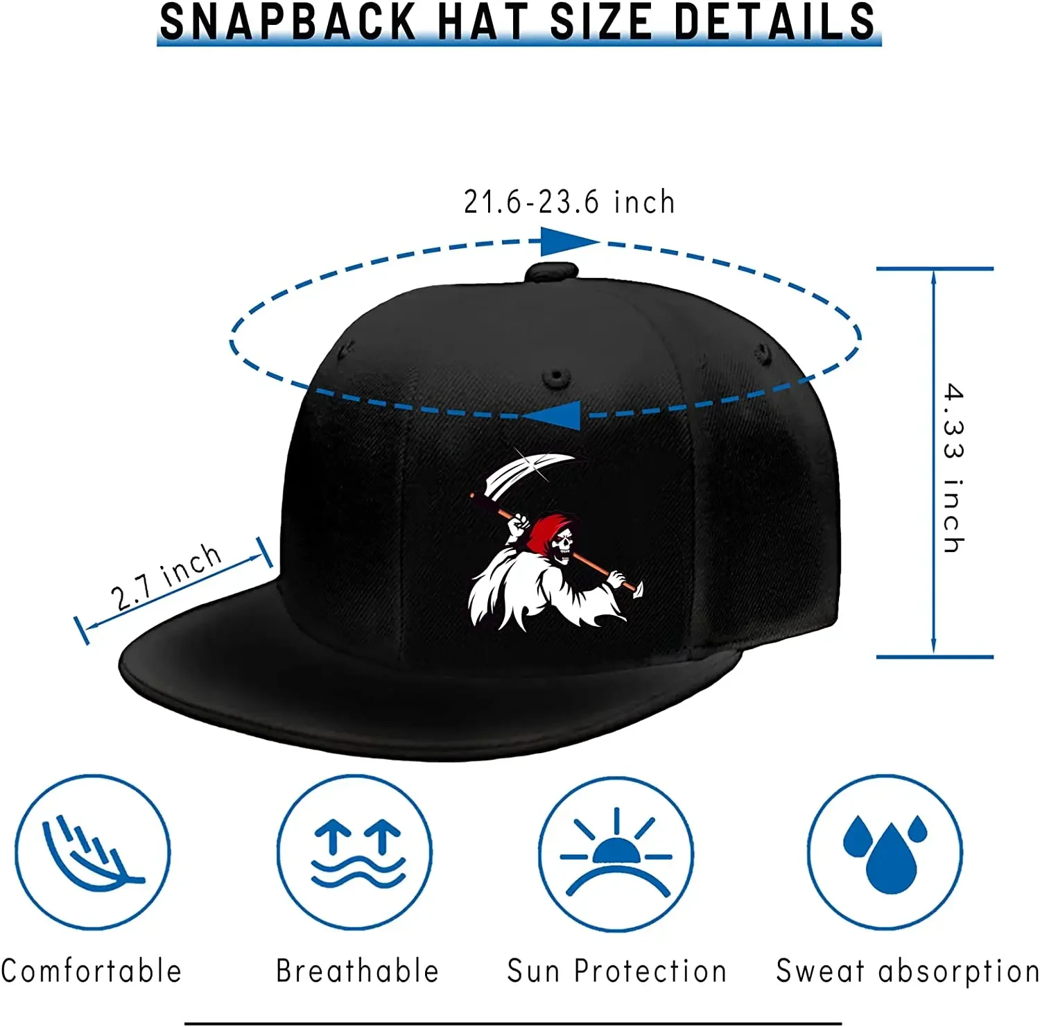 Snapback Hats for Men Flat Bill Brim Hats for Women Fitted Hat Skull Hats Cool Adults Baseball Cap Black Rock N Roll Caps