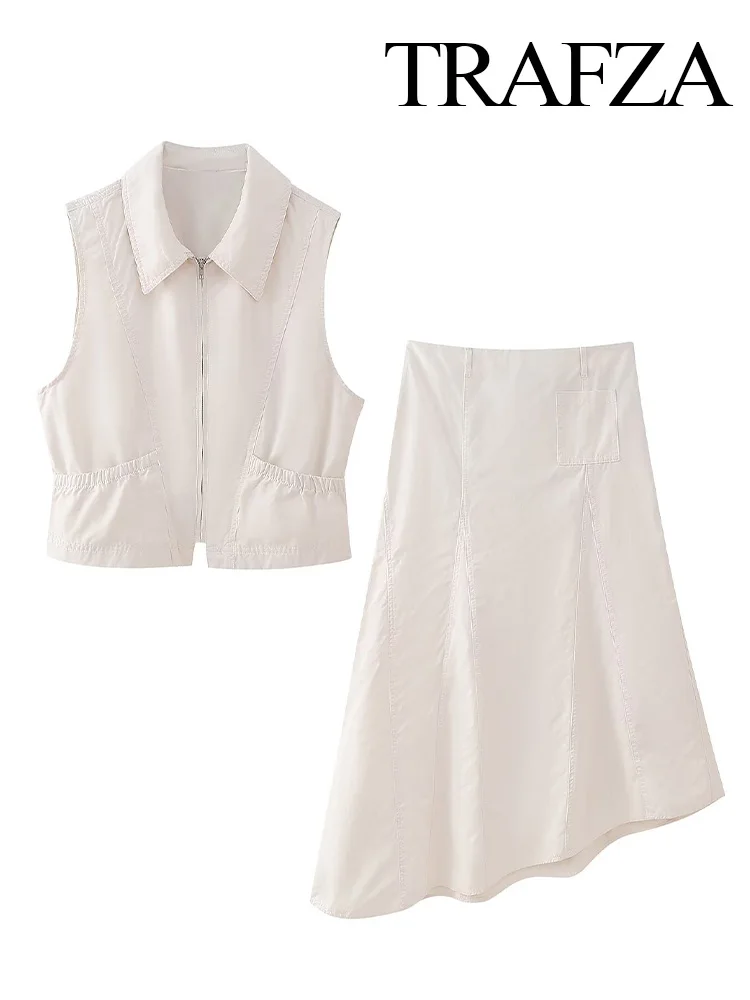 

TRAFZA Women New Fashion Solid Pockets Turn-down Collar Sleeveless Jacket Vest+Elegant Asymmetric A-Line Zipper Midi Skirt Suit