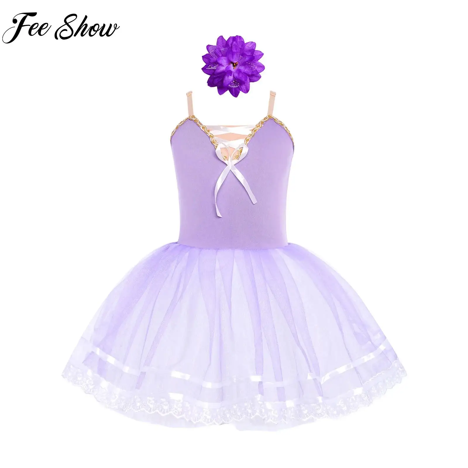 

Purple Kids Girls Professional Ballet Tutu Dress Gymnastics Ice Skating Costume with Headwear Swan Lake Costumes Ballet Outfits