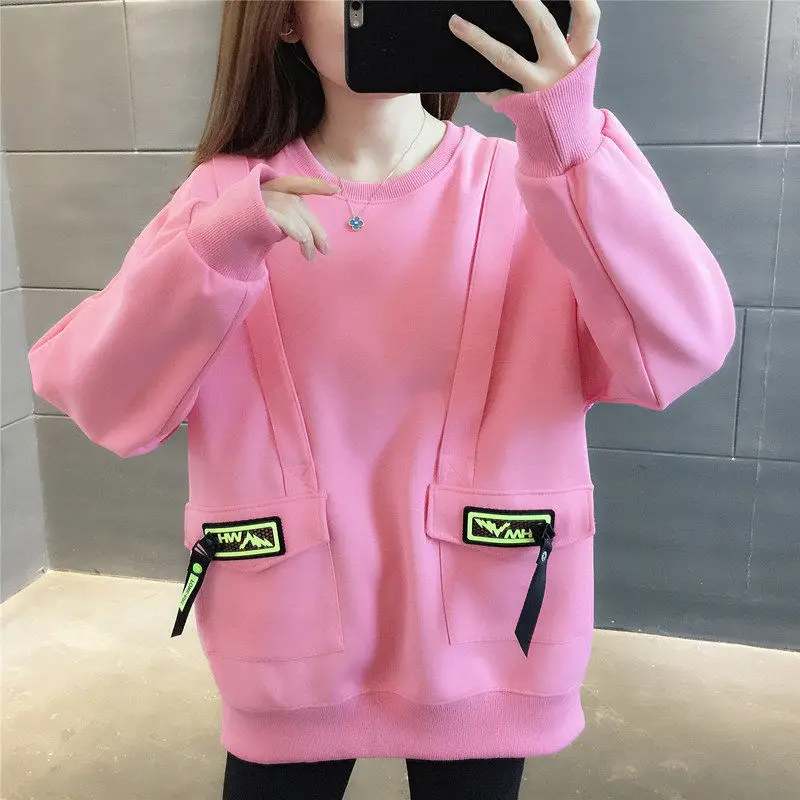 Casual Fashion Pockets Spliced Sweatshirts for Female Autumn Winter Loose Solid Long Sleeve Pullovers Tops Women's Clothing