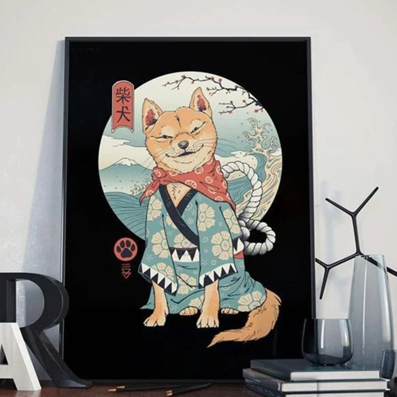 Japanese Vintage Posters And Prints Funny Black Cat Canvas Wall Art Flower Decorative Painting For Living Room Bedroom Decor