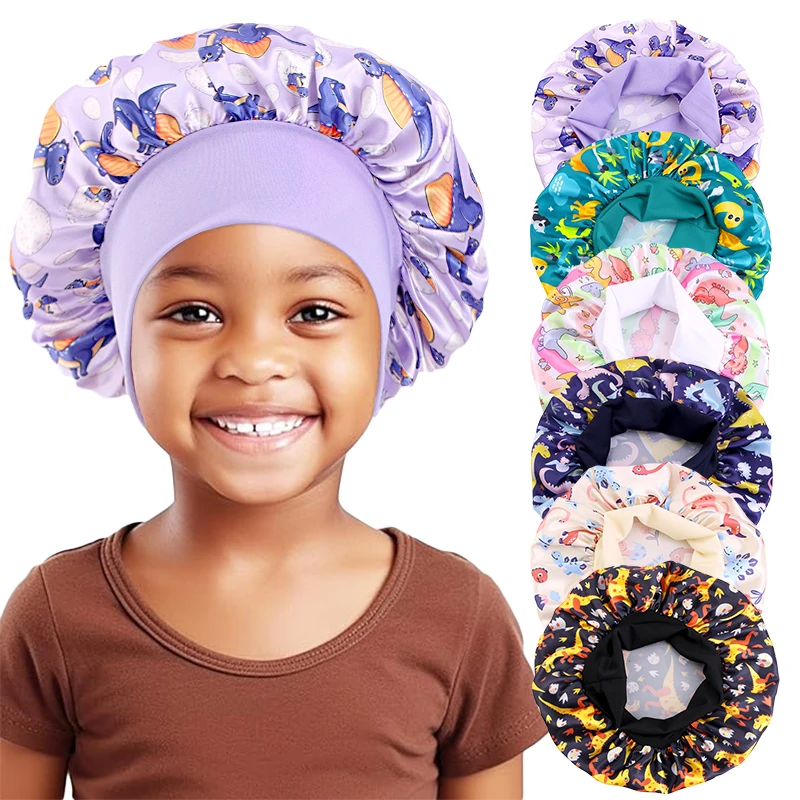 Baby Kids Satin Bonnet Night Sleep Hat Cartoon Print Elastic Wide Band Shower Bath Cap Children Boys Girls Hair Care Turban