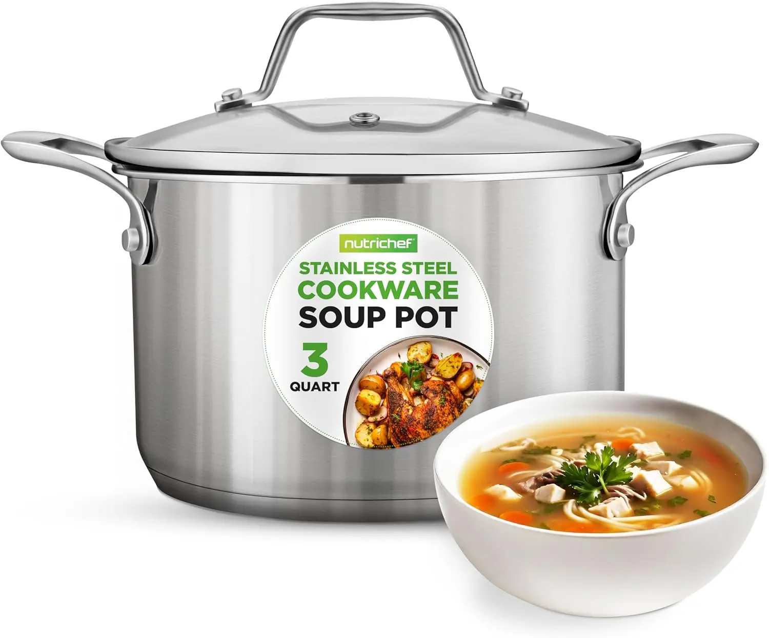 

3-Quart Stainless Steel Pot with Glass Lid - Heavy Duty Cookware for Stews, Soups & Induction Cooktops