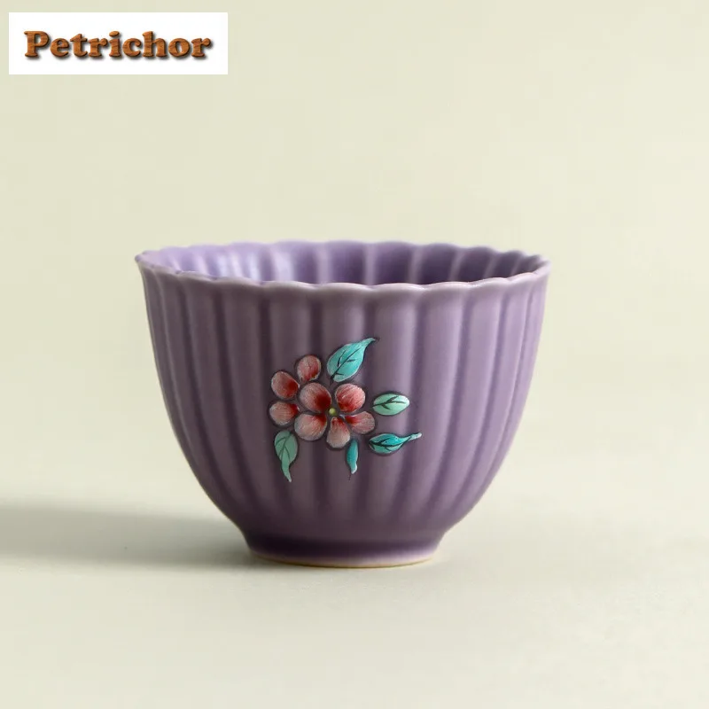 

50ml Hand-painted Flowers Purple Teacup Zen Tea Bowl Water Jug Tea-tasting Fragrance Cup Jianzhan Master Cups Teaset Decoration