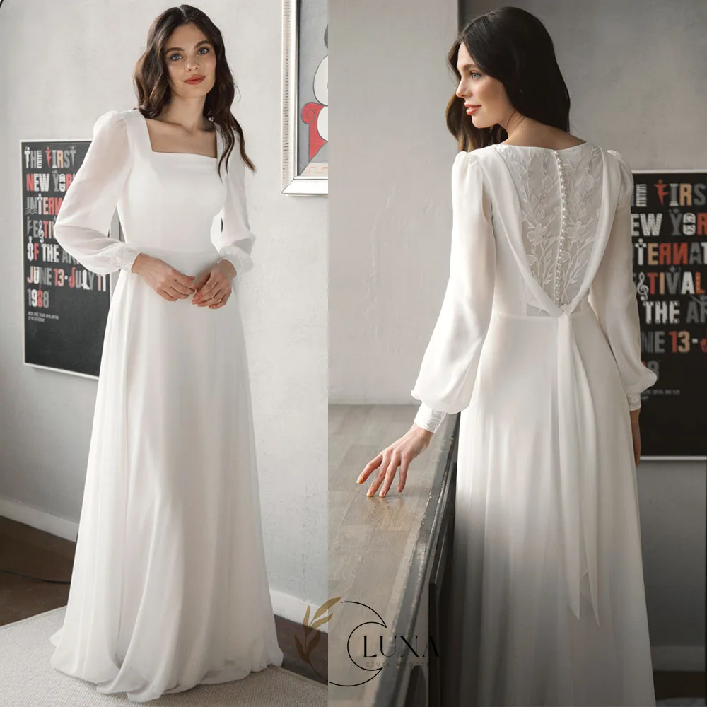 Luna Maßgeschneiderte Strand-Langarm-Brautkleider 2026 Einfacher Quadratischer Ausschnitt Rücken-Spitze Elfenbein Brautkleid Vestido De Noiva