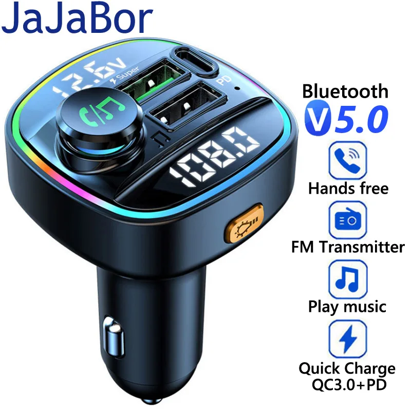 

JaJaBor FM Transmitter U Disk Playback QC3.0 PD 20W Super Fast Charging USB Car Charger Handsfree Bluetooth Car Kit MP3 Player