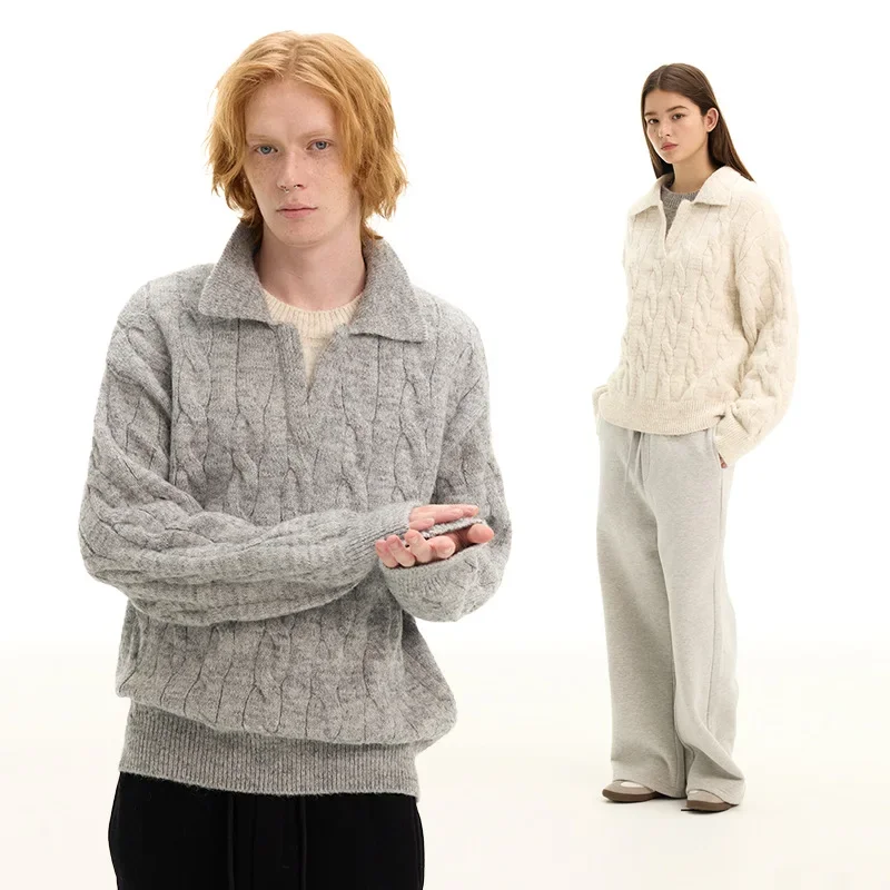 Men Knit Pullovers Full Sleeve Turn Down Collar Sweater Jumpers Solid Thick Spliced Sweaters Warm Male Straight Autumn Winter