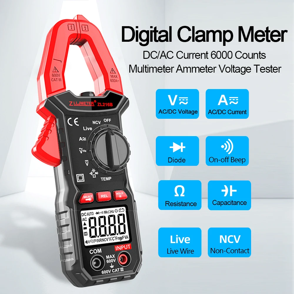 Digital Clamp Meter DC/AC Current 6000 Counts Multimeter Ammeter Voltage Tester Car Amp Hz Capacitance NCV Ohm Tester