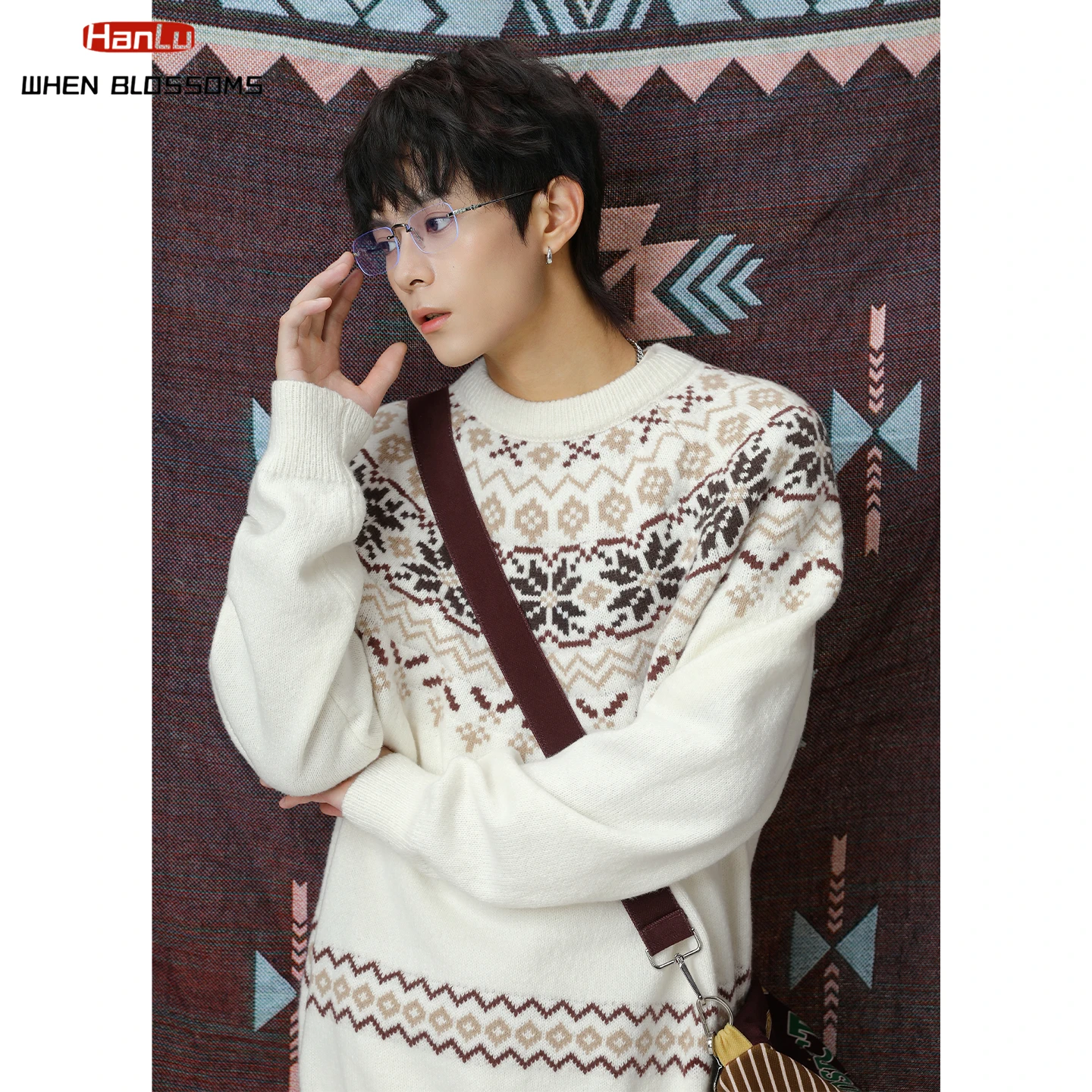 Hanlu 2025 Men's Fair Isle Sweater Vintage American Style Textured Knitwear Oversized Casual Crewneck Pullover