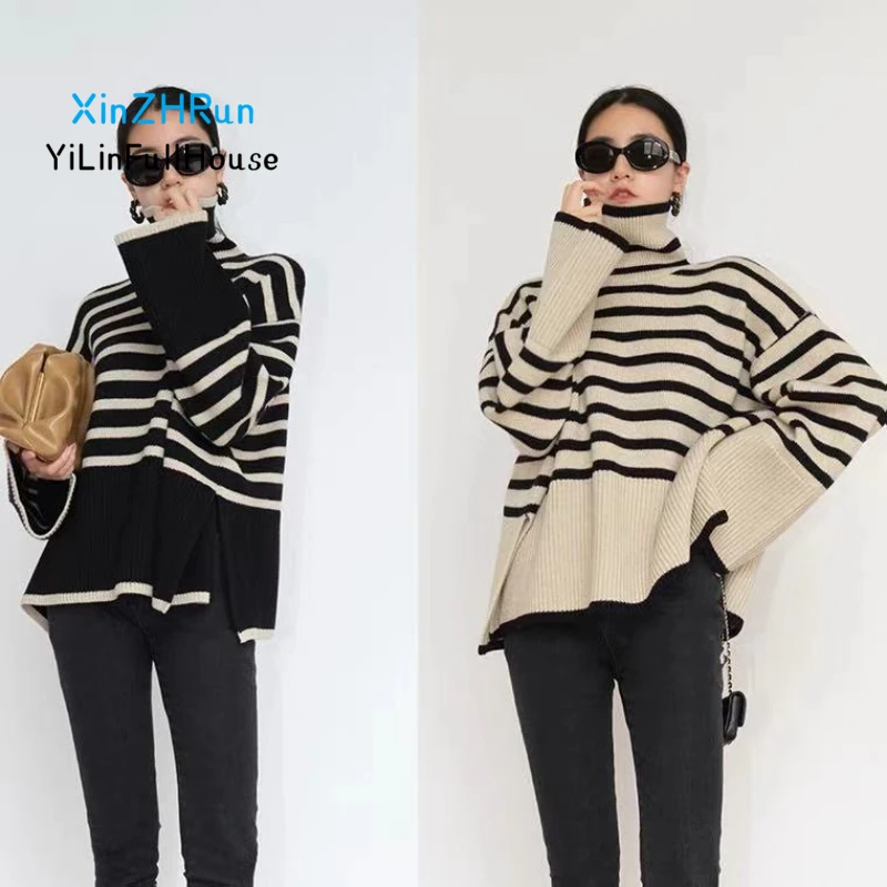 

Striped High Neck Side Slits Sweater 2024 Autumn Winter Women's Fashionable Loose Design Sense Niche Knitted Sweater Pullover