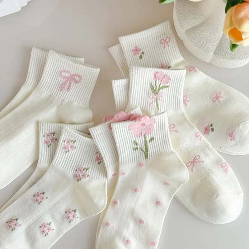 Dreamlikelin 5pairs Women’s Short Socks Spring Summer Cute Sweet Flowers Tulip Print Girls Socks image 2