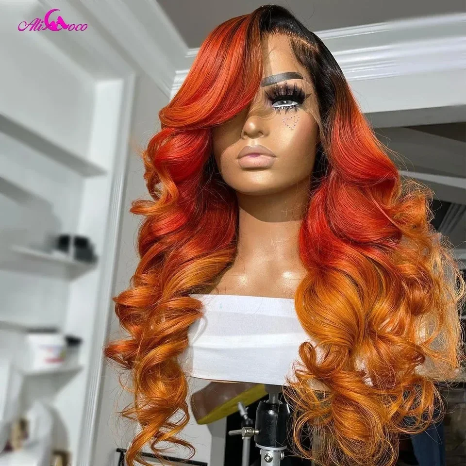 13x6 Ombre Red Orange Lace Frontal Wig For Black Women 10A 5x5 Lace Closure Wig Transparent Lace Front Body Wave Human Hair Wig