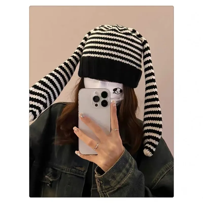 Japanese cute five-star rabbit wool hat female ears striped devil knitted pullover hat contrasting color cold hat to keep warm