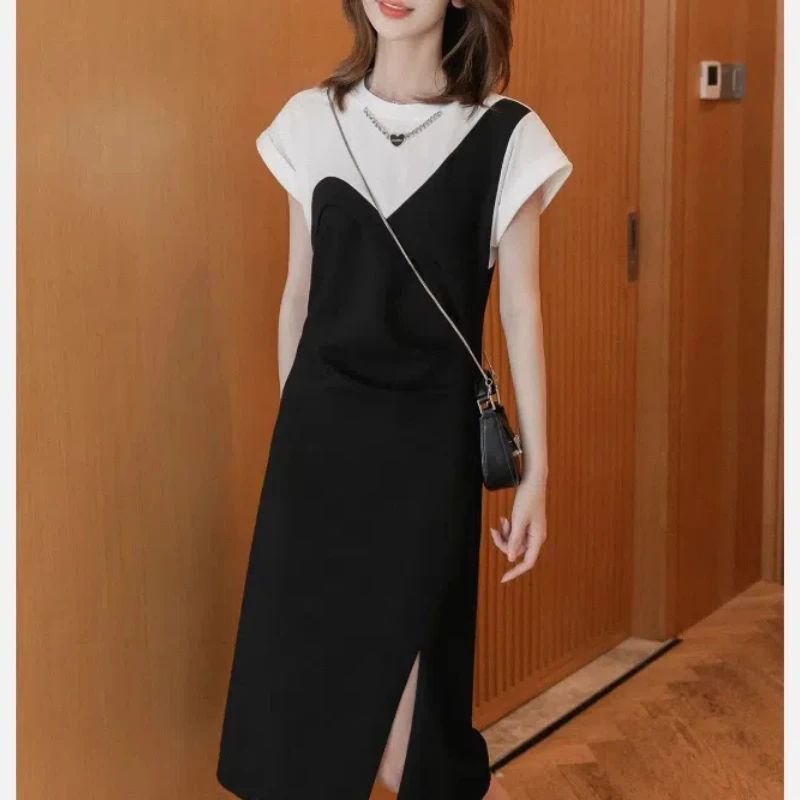 Splicing Dress Female 2024 Summer New Pattern Color Collision Short Sleeve Office Lady Knee Skirts Korean Women's Clothing