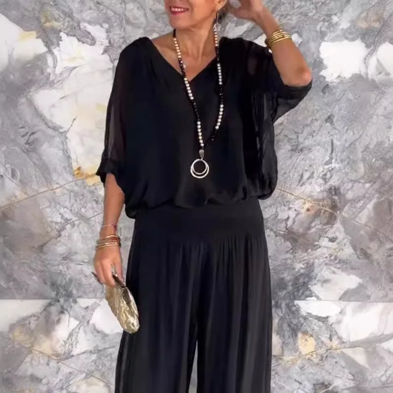 

Two Piece Set Women Pant Sets Casual Elegant Solid V Neck Batwing Sleeve Shirt Suit Loose Wide Leg Pants Office Lady Summer