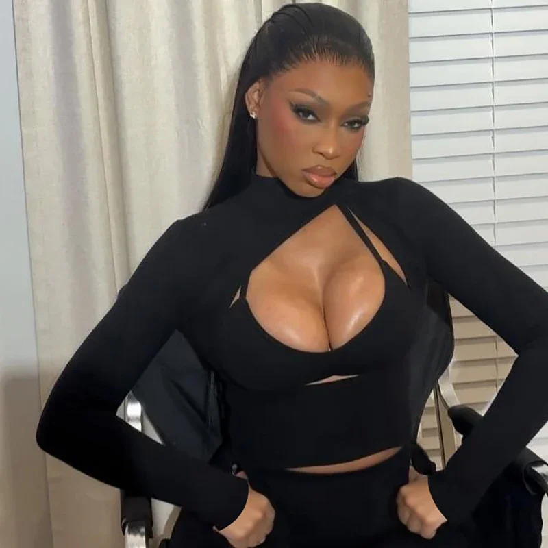 Doyerl Seksowny Strój Urodzinowy Klubowy Damski 3-częściowy Zestaw Y2K na Imprezę z Wycięciami, Bluzka z Długim Rękawem i Kamizelka oraz Spodnie Ołówkowe w Zestawie