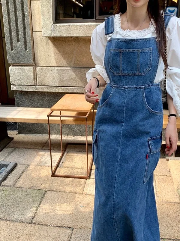 

Spring New Arrival Dongda Gate Retro Waed Denim ter Dr Women's Ba Split Skirt Large ket Strapl Gown