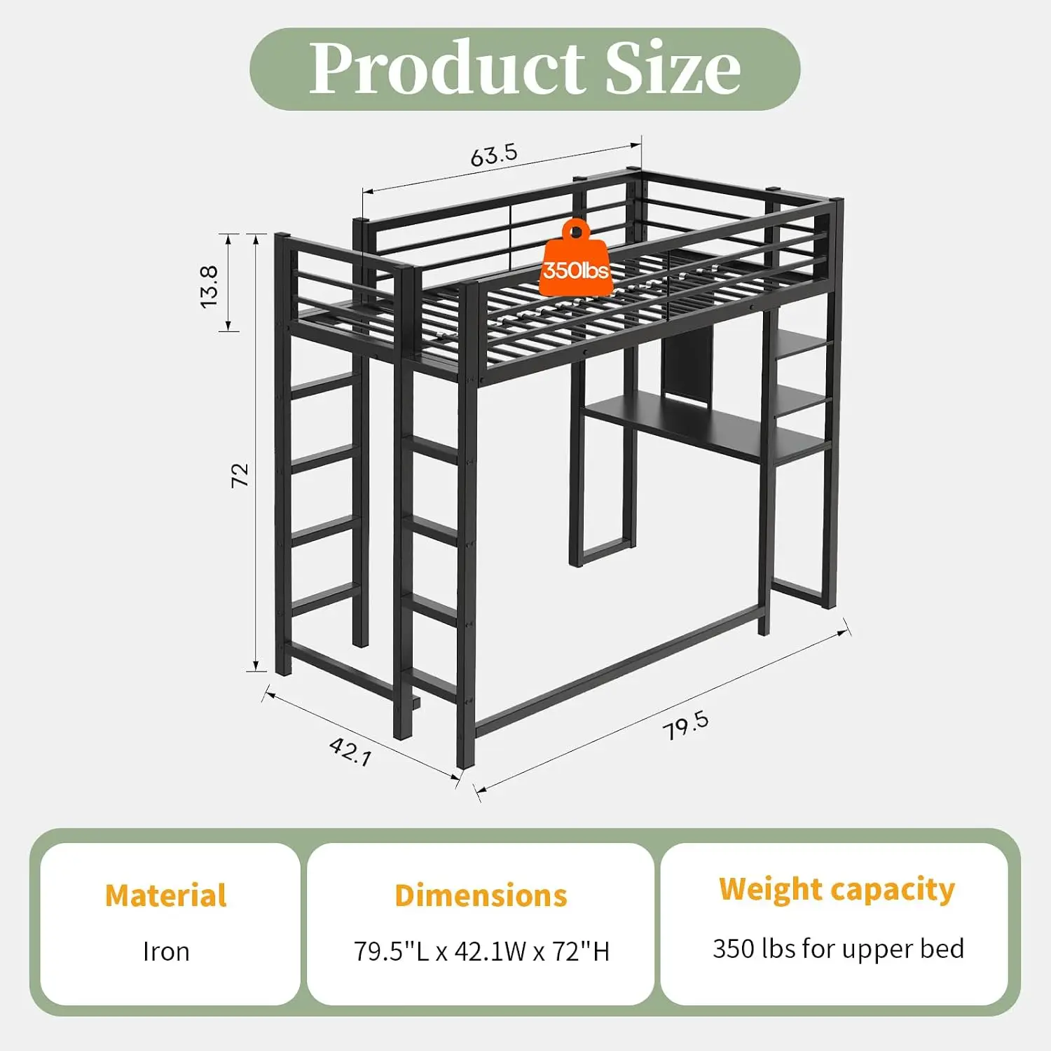 Twin Metal Loft Bed with Desk and Shelves, Space-Saving Frame with Ladder and Full-Length Guardrails, Space-Saving Beds