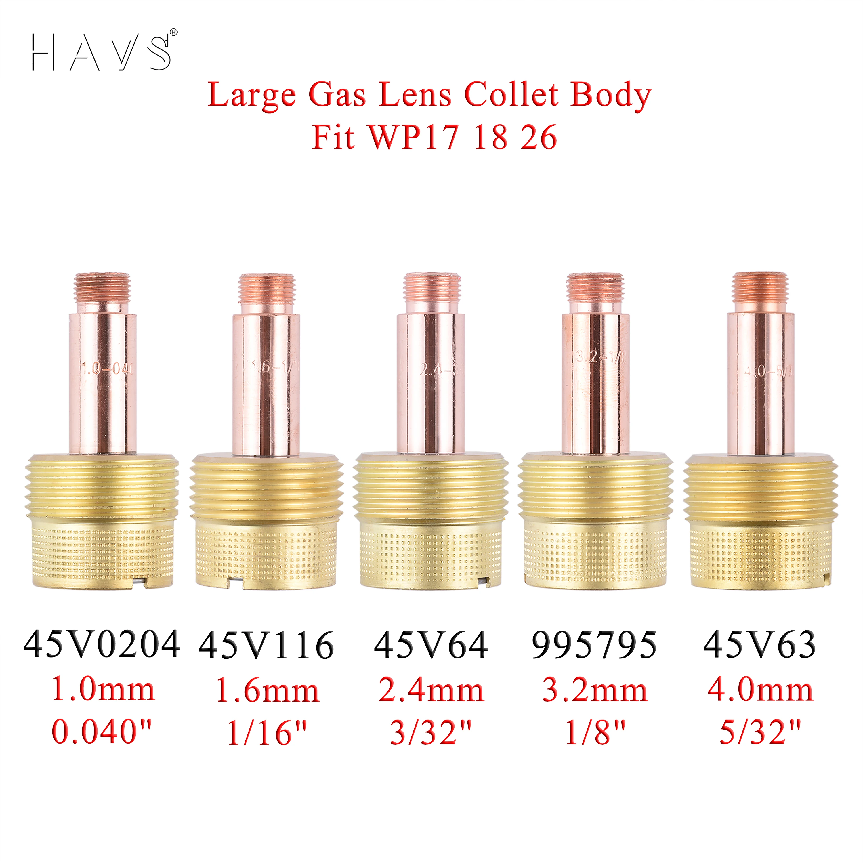 

2/5Pcs 1.0/1.6/2.4/3.2/4.0mm Large Gas Lens Collet Body 45V0204 45V116 45V64 995795 45V63 For TIG WP17/18/26 Welding Torch Kit