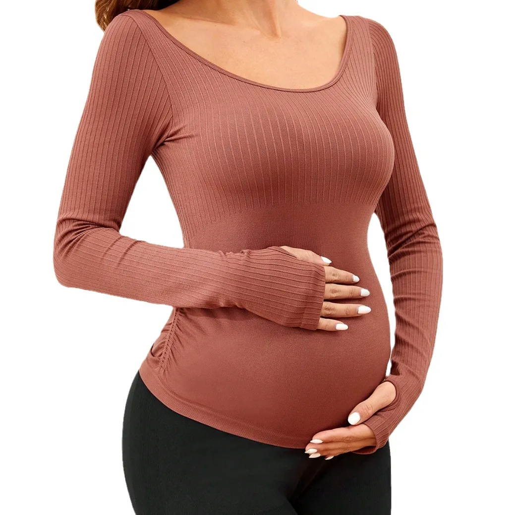 Maternity Yoga Long Sleeve Top Solid High Elastic Moisture Wicking Quick Dry Sweat Absorbent Spring Pregnant Women Activewears