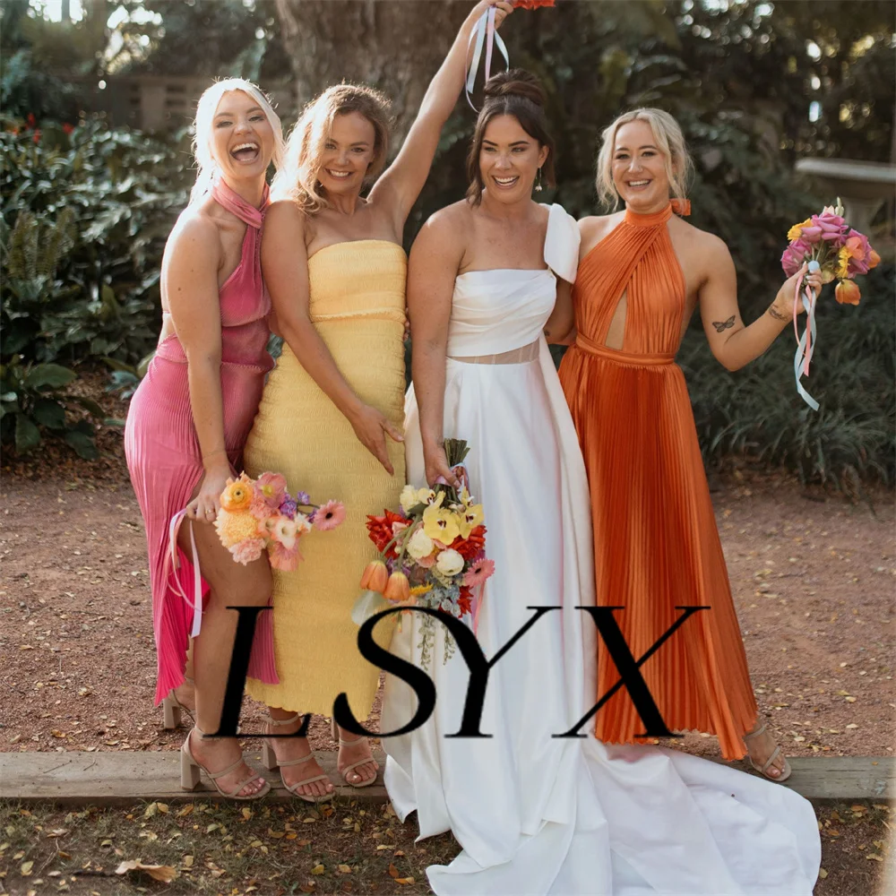 LSYX Illusion One Shoulder Pleats Satin Wedding Dress A-Line Zipper Back High Side Slit  Floor Length Bridal Gown Custom Made