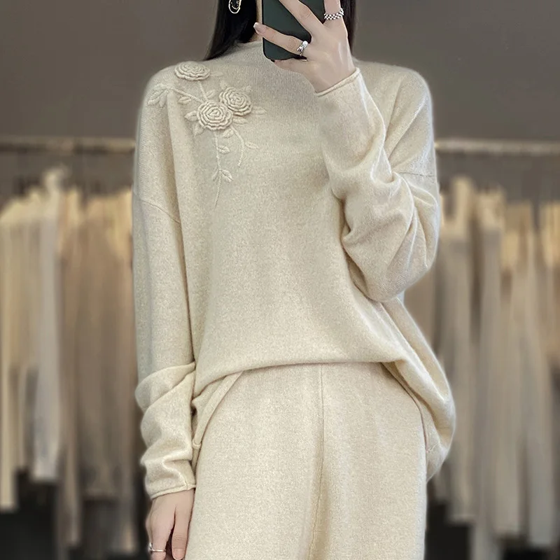 Free Shipping Women Sweaters Loose Pullovers  Autumn/Winter 100% Cashmere And Wool Knit Long Sleeve Female Fashion Jumpers NJ01