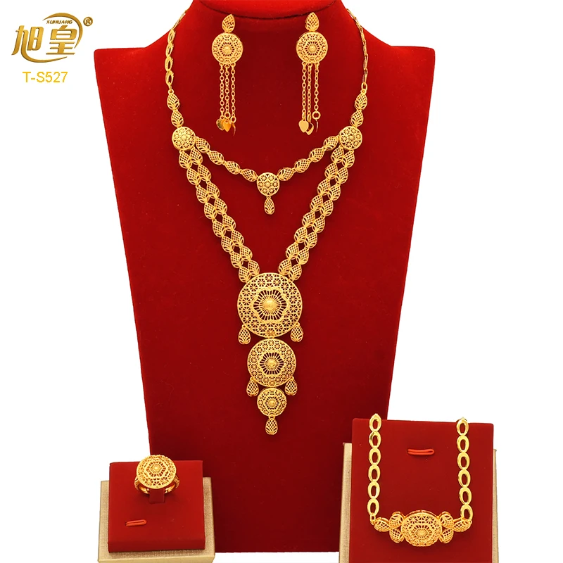 XUHUANG African Big Luxury 4PCS Dubai Gold Color Jewelry Necklace Sets For Women Bridal Wedding Sets 2024 Trend Jewellery Gifts