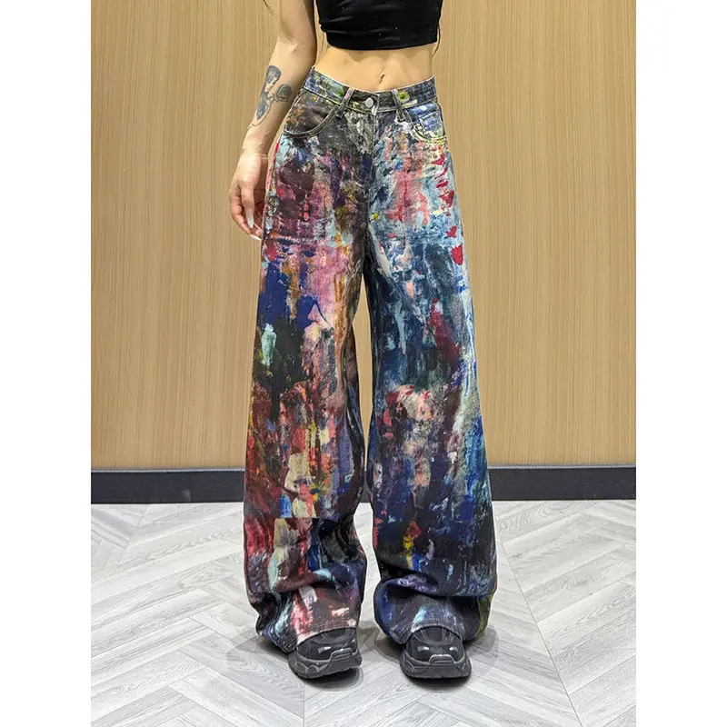 color ink splashing design jeans women's 2025 spring and summer new versatile and thin straight floor mopping pants