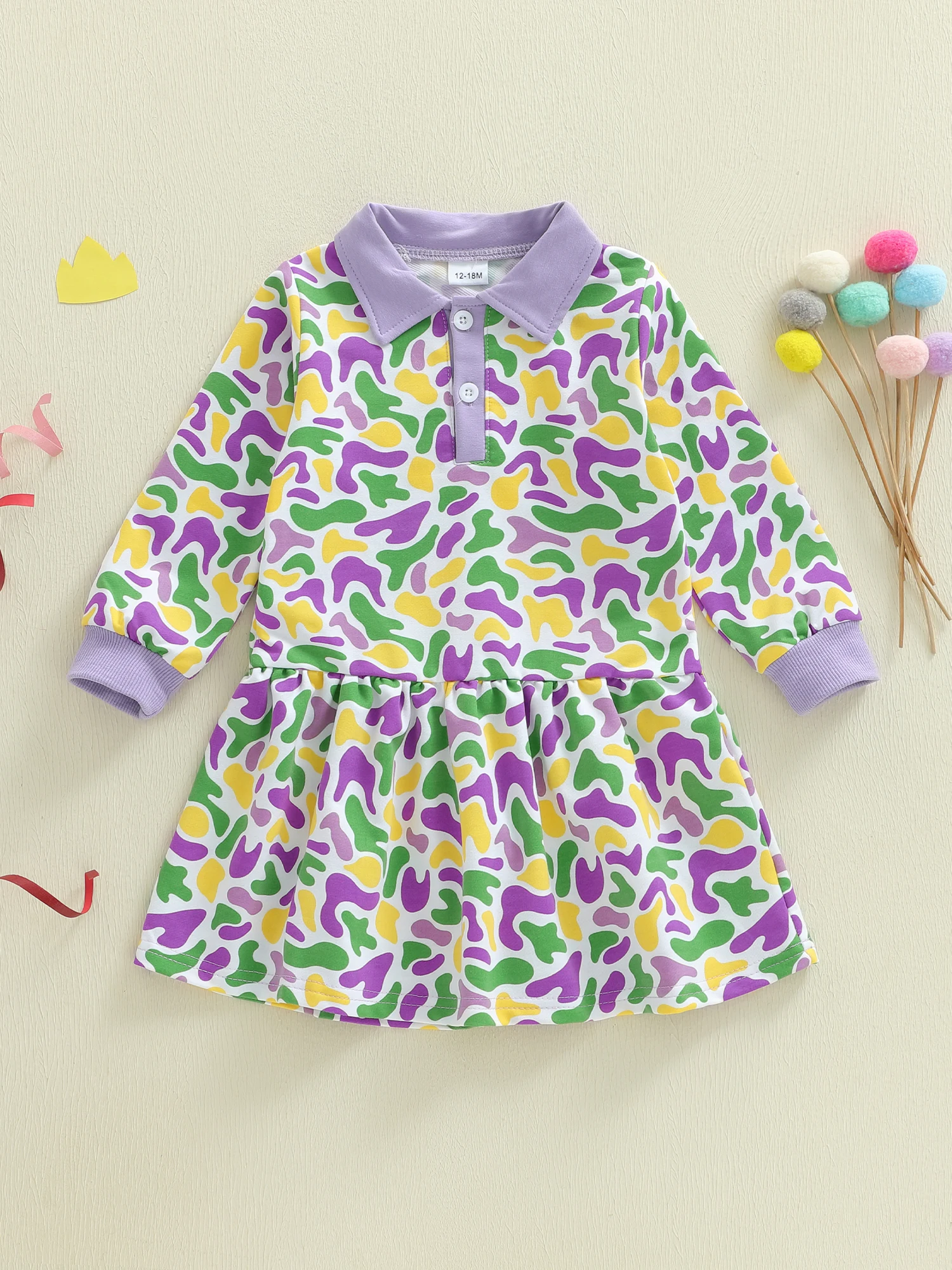 فستان ماردي غرا للفتيات الصغيرات، فستان مموه برقبة مقلوبة وأكمام طويلة على شكل حرف A #1