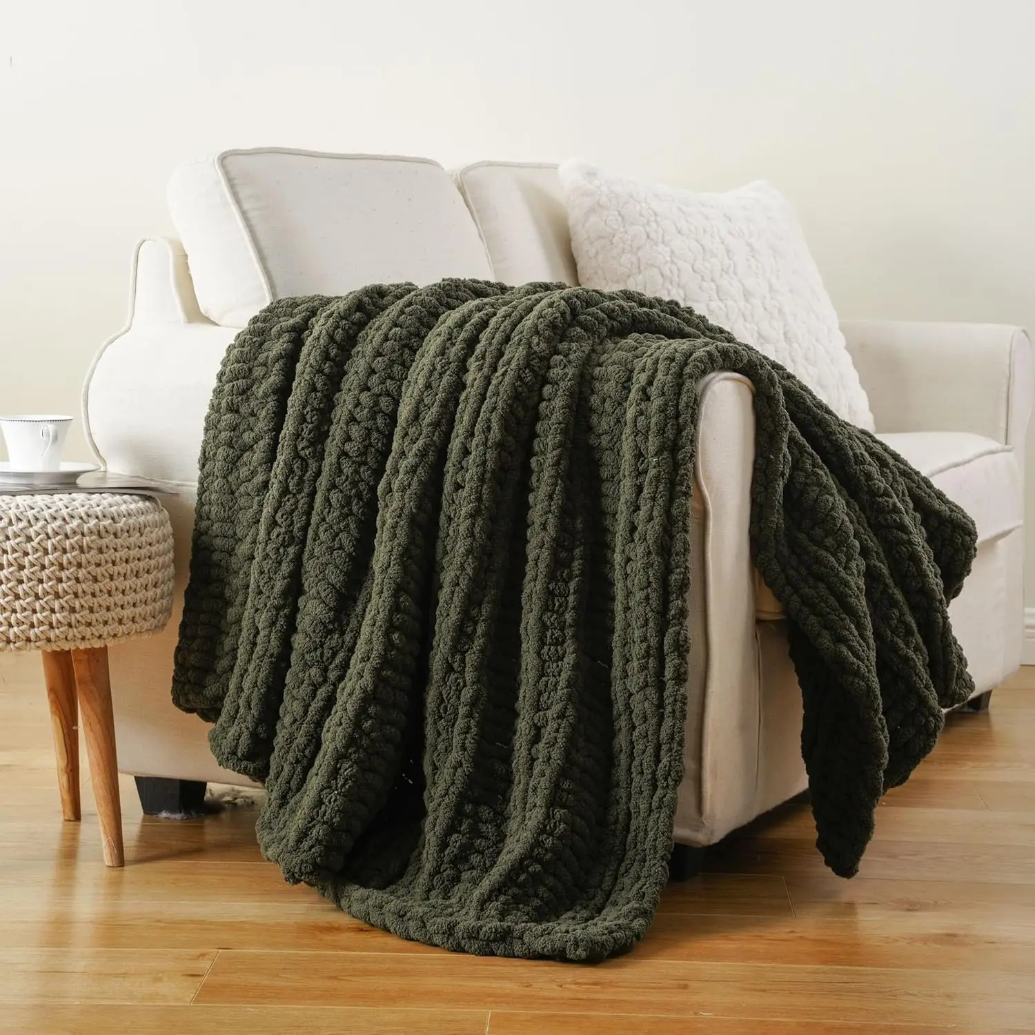 

Chunky Knit Throw Blanket for Couch, Super Soft Chenille, Olive Green 50"x60"