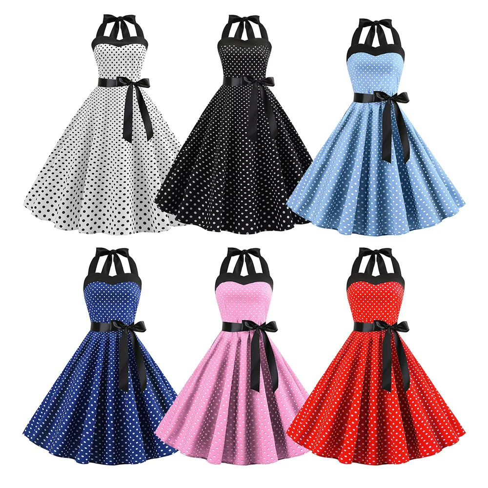 

2023 Vintage 50s 60s Women's Vintage Party Dress With Belt Polka Dot Print Short Sleeveless Hepburn Robe Pin Up Rockabilly Dress