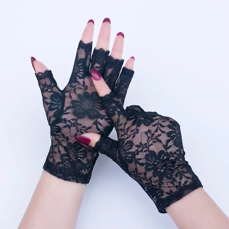 Black Fingerless Sexy Lace Gloves Women Sun Protection Gloves Women Driving Mittens For Bride Ladies Half Finger Fishnet Gloves