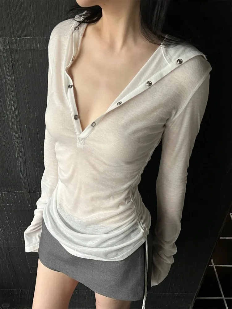 

Y2k Solid See Through Sexy Hooded Tops Vintage Bottoming Harajuku T-shirt Women Aesthetic Single Breasted Grunge Tees Streetwear