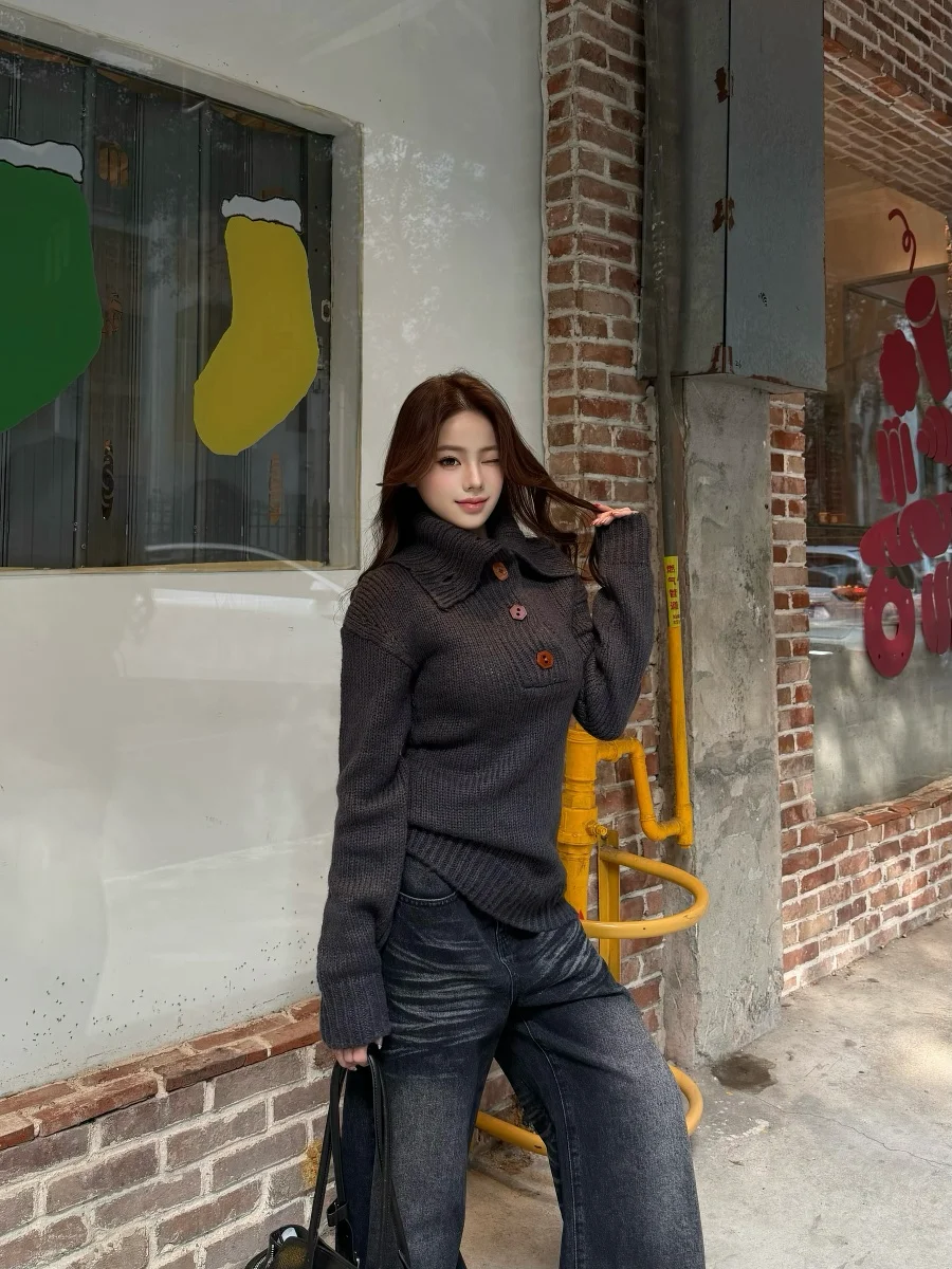 

Caiii Soft Sweater Women's Slim Fit Button up f Open Collar Knitted Warm Thi Long Sve Top American Sle Online Exclu...