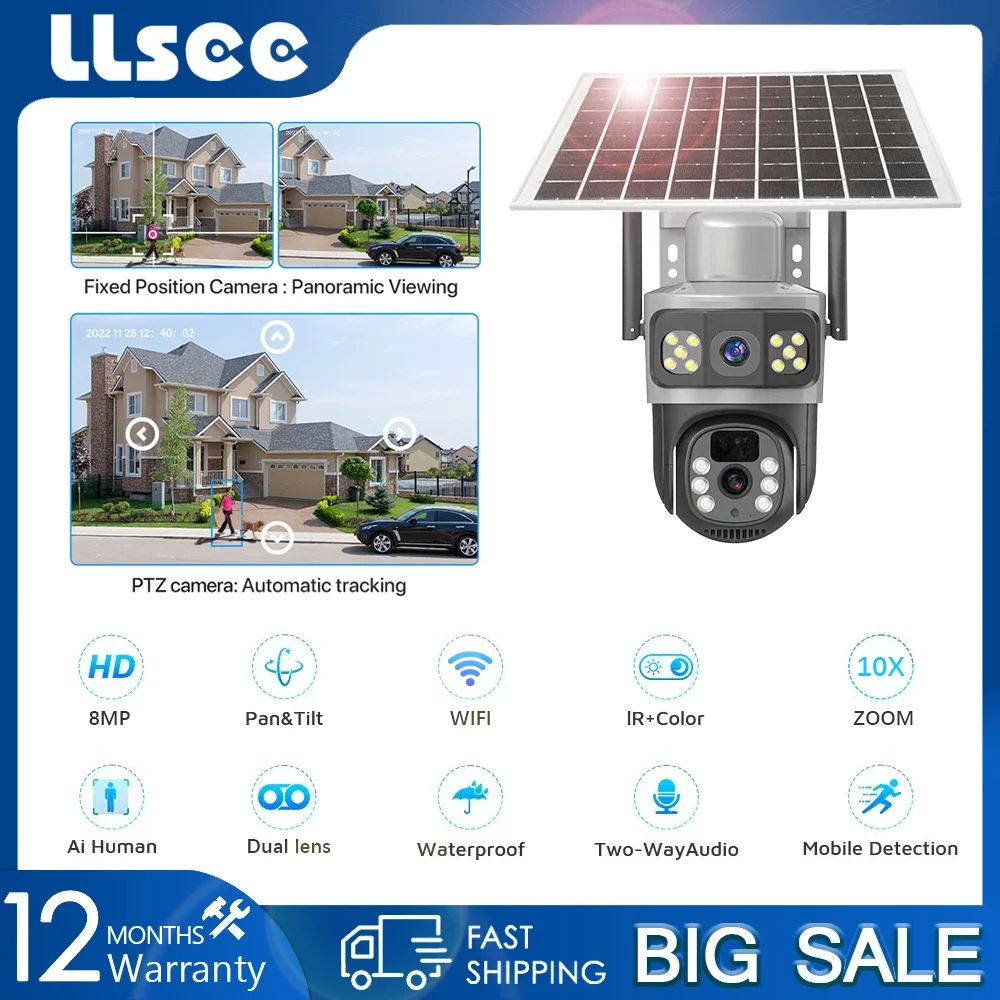 LLSEE V380,dual lens,8MP,solar camera,4G SIM card,CCTV wireless WIFI solar outdoor waterproof 360,IP camera PTZ,4K monitor